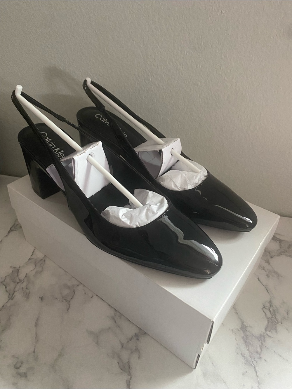 Calvin Klein Glossy Black Patent Slingback Block Heels
